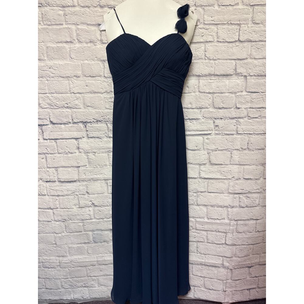 Bill Levkoff Navy Full Length Formal Dress Gown Pleated Bodice Flower Strap SZ 4